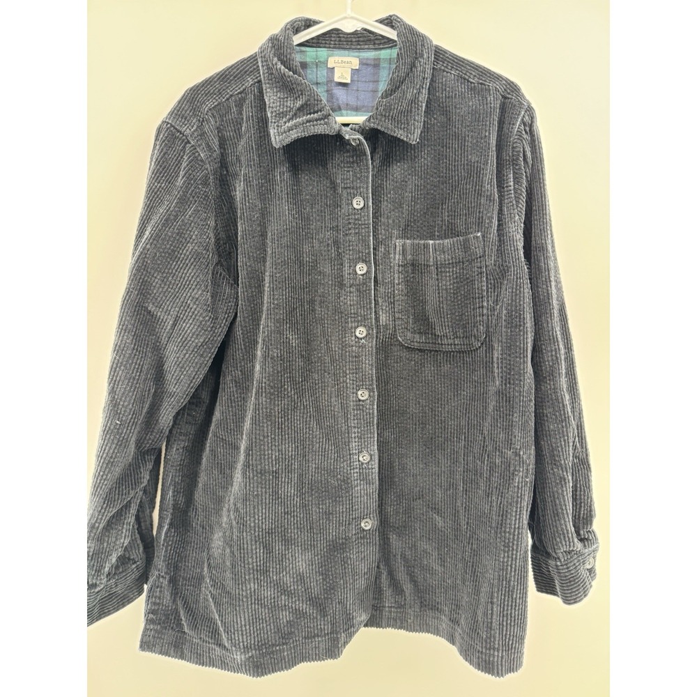 LL Bean Corduroy Flannel Lined Shirt Womens Large Black Green Wide Wale Shacket